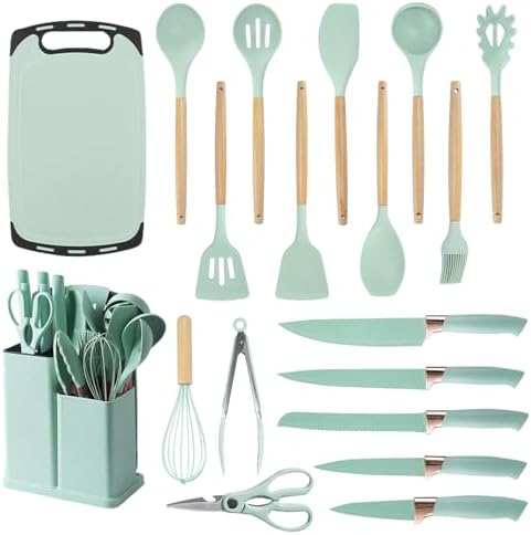 Cooking Utensils Set - 19 Piece Set with 11 Spatulas, 6 Sharp Knives, Silicone Utensils & Cutting Board (Green) by SHUNIKING