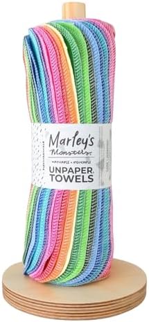 Marley's Monsters UNpaper® Towels + Holder - 24 Reusable 12x10in Cotton Flannel Cloths with 6in Wood Base & Dowel - Machine Washable, Sustainable for Kitchen Cleaning, Spills & Chores by MarleysMonsters