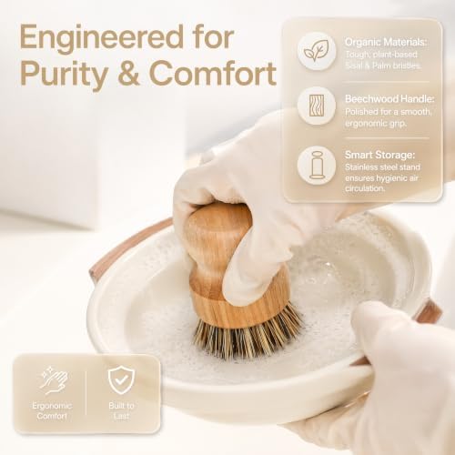 3 Pack Wooden Dish Brush Set - 2*Vegetable Brush & 1*Stainless Steel Stand - Image 5