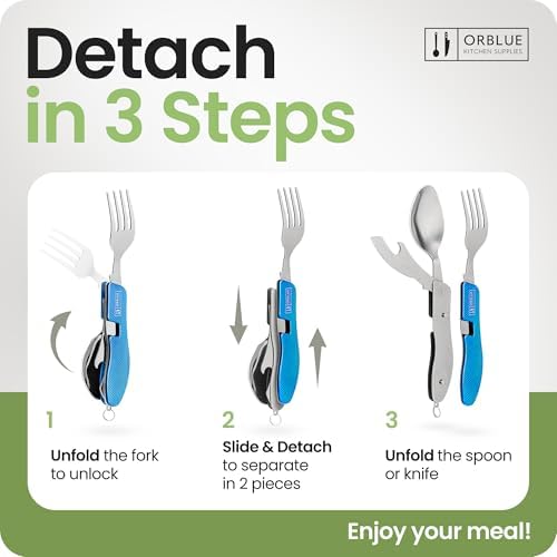 Orblue 4-in-1 Camping Eating Utensils, 2-Pack - Portable Spoon, Fork, Knife & Bottle Opener Combo Set - Stainless Steel Flatware with Detachable Fork - Travel, Backpacking Cutlery Multitool, Blue - Image 3