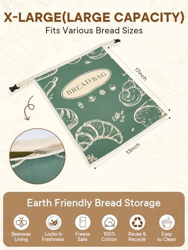 2 Pack Zippered Beeswax Bread Bags 17×13 Inch Large Cotton Sourdough Bread Bags Reusable Bread Storage Bags for Homemade Bread Freezer Safe for Bagel Croissant & Baguette Kitchen Baking Supplies - Image 6