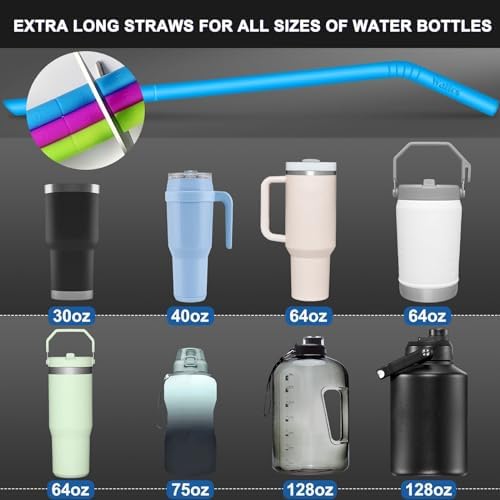 WALFOS 14.5 inch Extra Long Reusable Silicone Straws, Big Sizes Flexible Bendable Straws for 1/Half Gallon Large Water Bottles, 128 75 64 40 OZ Tumbler with Cleaning Brush (6-Pack) - Image 3