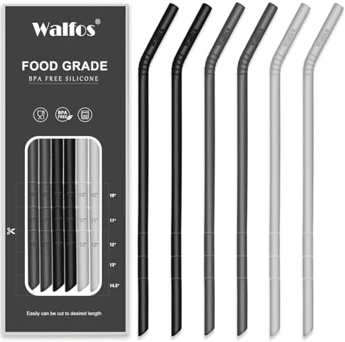 Walfos Reusable Silicone Straws -10.5 Inch Flexible Drinking Bendy straws for Smoothies/20 & 30 oz Tumblers, BPA Free (6 pcs Wide + 1 Cleaning Brushes ） by Walfos