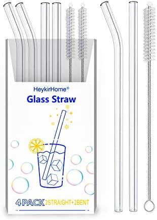 HeykirHome 4-Pack Reusable Glass Straw, Size 8.5''x10 MM,Including 2 Straight and 2 Bent with 2 Cleaning Brush- Perfect For Smoothies, Tea, Juice by HeykirHomeGlassStraw