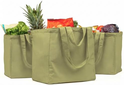 VeraMia Canvas Grocery Bag 3pc XL Set with Real Pockets, Long Shoulder Strap and Short Handle. Heavy Duty, Foldable, Washable by VeraMia