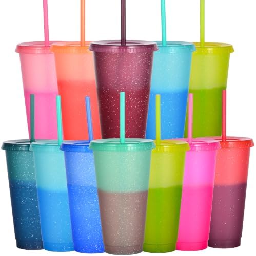 Color Changing Cups, 12 Pack 24oz Plastic Tumblers, Reusable Iced Coffee & Smoothie Cups with Lids and Straws for Parties and Travel (Cranberry, 12 Pack) by Alohastarttg