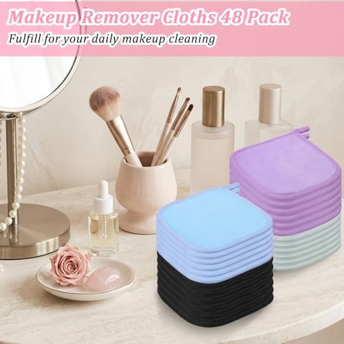 48 Pcs Reusable Makeup Remover Pads Cloths, Soft Microfiber Makeup Towels and Eraser, 8 Colors Facial Cleansing Washable Towels for Face, Hands, Bathroom (5.5 x 6.3 Inch) - Image 4
