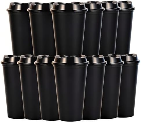 16oz Reusable Plastic Coffee Cups with Lids, 13 Pack, Black by Ankeli%26Lt