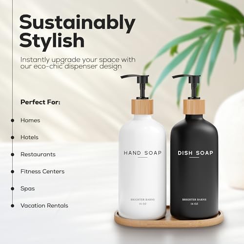 Luxury Glass Hand and Dish Soap Dispenser Set by Brighter Barns - Kitchen Soap Dispenser Set with Tray - Bamboo Pump Bottle for Kitchen Sink - Boho Home Decor, Modern Decor in Restaurant (Black/White) - Image 2