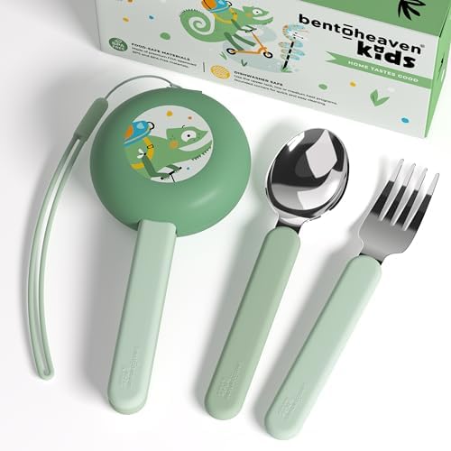 Bentoheaven Kids Utensils Set with Case, Reusable Fork & Spoon, Chameleon by Bentoheaven