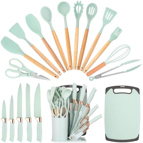 19-Piece Kitchen Utensil and Knife Set, Black (Light Green) by HEEVON