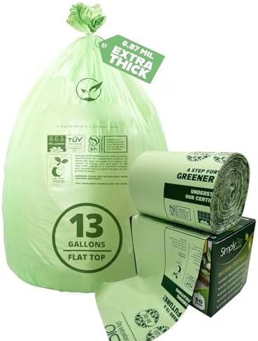 13 Gallon Compostable Trash Bags with Flat-Top, Thick 0.87 Mil, 49.21 Liter, 50 Bags, Tall Kitchen Food Scrap Waste Bag, ASTM D6400, US BPI and OK Compost Home Certified by Lokingrise
