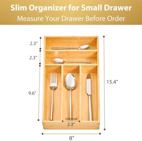 Umilife Bamboo Kitchen Drawer Organizer, 8 Inch Silverware Utensils Tray Holder for Small Drawer, Wood Caddy for Flatware Cutlery Knives - Image 5