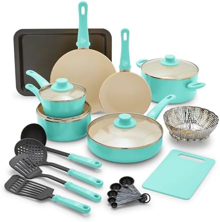 GreenLife Soft Grip Healthy Ceramic Nonstick 18 Piece Kitchen Cookware Pots and Frying Sauce Saute Pans Set, PFAS-Free with Kitchen Utensils and Lid, Dishwasher Safe, Turquoise by GreenLife
