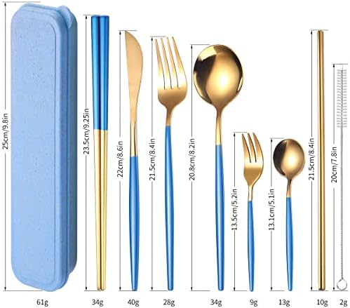 AARAINBOW 8 Pieces Stainless Steel Flatware Set Portable Reusable Cutlery Set Travel Utensils Set Including Chopsticks Knife Fork Spoon Straws Cleaning Brush Dishwasher Safe (Blue Golden) - Image 2