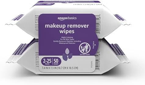 Amazon Basics Makeup Remover Wipes, Gentle Cleansing, Dermatologist Tested, Night Calming, Plant Based, Alcohol-Free, Removes Waterproof Mascara, 25 Count Per Pack, Pack of 2 by AmazonBasics