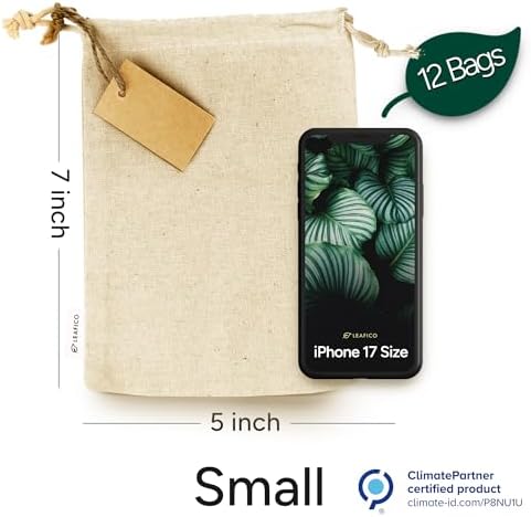 LEAFICO Organic Cotton Reusable Produce Bags - Small 5x7 (12 Pack) - Biodegradable Eco-Friendly Bulk Bin Sacks for Food - Cloth Bags with Drawstrings - Linen Pouch for Fruit, Vegetable Storage - Image 2