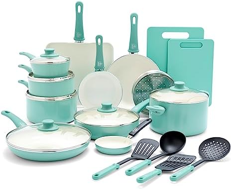GreenLife Soft Grip 23 Piece Kitchen Cookware Pots and Frying Saucepans Set, Healthy Ceramic Nonstick PFAS and PFOA-Free, Dishwasher and Oven Safe, Even Heating, Easy Clean, Warp Control, Turquoise by GreenLife