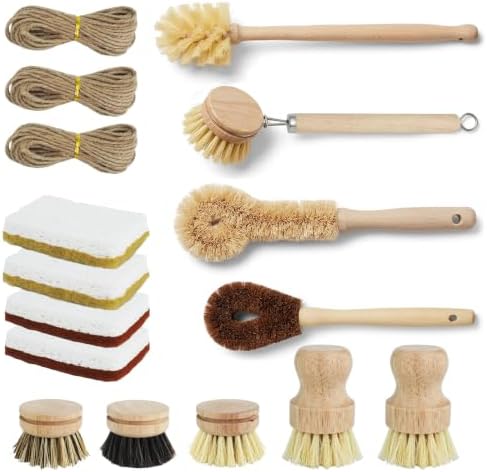 14 Pcs Bamboo Dish Brush Set Sisal Bristles with 98.42 Ft Hemp Rope Natural Scrubbers Brushes Wooden Palm Pot Brush for Bottle, Sink, Pans Kitchen Cleaning by ENIPEDITA