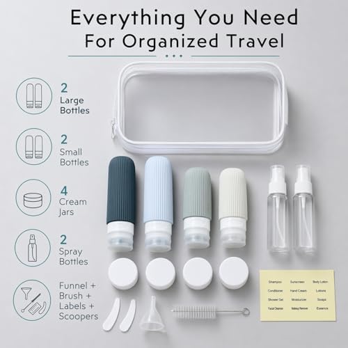 16 Pack Travel Bottles Set - TSA Approved Toiletry Bottles, Leak Proof Refillable Silicone Travel Size Containers with Jars, Spray Bottles, Funnel, Brush & Clear Bag for Carry-On, Camping & Vacation - Image 2