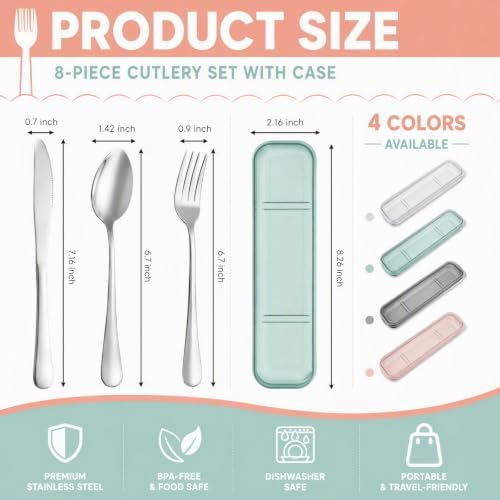 Nicunom 8 Pack Travel Silverware Set with Case, Reusable Utensils for Lunch - Image 2