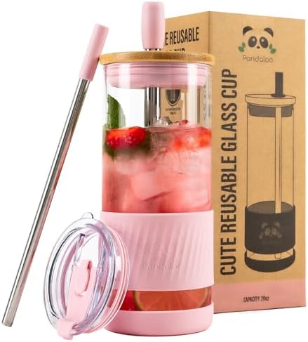 Pandaloo® Glass Cups With Lids and Straws -20 Fl Oz- Perfect Size Iced Coffee Cup - Smoothie Cup With Bamboo Lid and On the go Lid - Glass Tumbler With Straw (1 Count (Pack of 1), Tender Pink) by Pandaloo