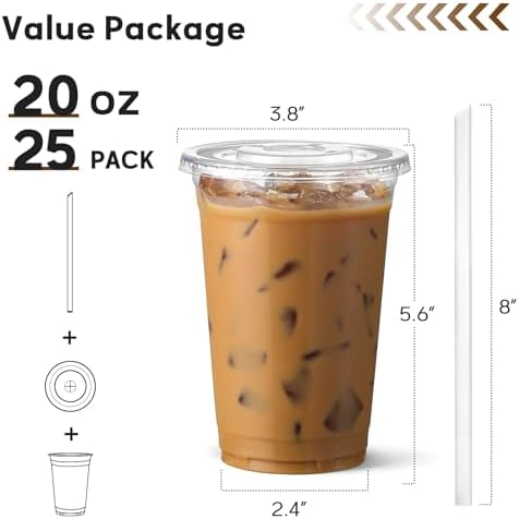 AOZITA 20 oz Plastic Cups with Lids and Straws, 25 Pack, Disposable Iced Coffee Cups with Lids, Clear Cups with Lids for Cold Drinks, Iced Tea, Milkshakes, Smoothies - Durable & BPA Free - Image 2