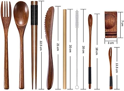 Wooden Utensil Flatware Set Reusable Utensils Travel Cutlery Set for Eating with Case, 10 Pcs Wooden Spoon and Fork Set Bamboo Flatware Set - Image 2