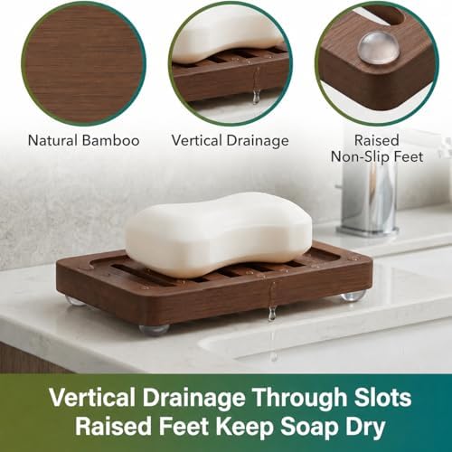 Wooden Soap Dish, Brown Bamboo Self-Draining Bathroom Tray, 2 Pack Slotted Design for Shower, Sink, Kitchen, Bathtub (Black Walnut) - Image 4
