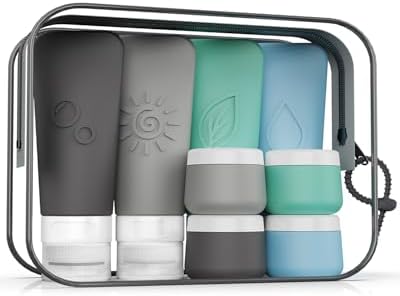 20-Piece Silicone Travel Bottles Set – TSA Approved Leakproof Toiletry Kit with Flat Easy-Squeeze Bottles, Tactile Icons, Cream Jars, Pump & Spray, Cleaning Brush by KLKE