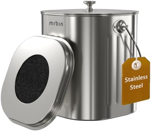 MRBIN Kitchen Compost Bin, Stainless Steel Countertop Trash Can 1.7 Gal with Lid and Charcoal Filter, Metal Small Indoor Rubbish Dustbin for Food Waste Recycle by mrbin