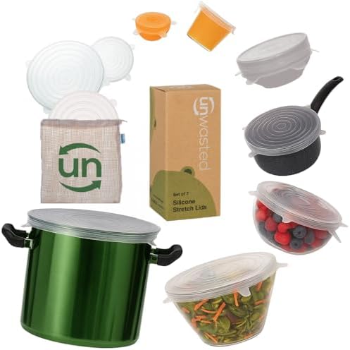 unwasted Reusable Silicone Lids (Variety Pack) – Upgrade Your Kitchen Gadgets with Our Covers for Food Storage – Reusable Silicone Stretch Lids and Food Covers for Containers (Pack of 7) by unwasted