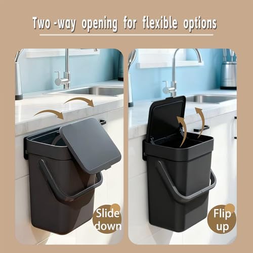 Compost Bin Kitchen, for use on Countertops or Under Sinks, Hanging Trash Can with Lid, Mountable Indoor Compost Bucket, for Cupboard/Bathroom/Bedroom/Office/Camping (Black 0.8 Gallon/3L) - Image 3