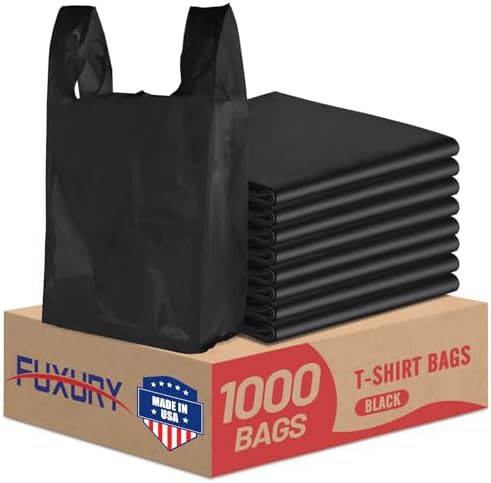 Fuxury 1000 Count Black Plastic Grocery Shopping T-shirt Bags with Handles by Fuxury