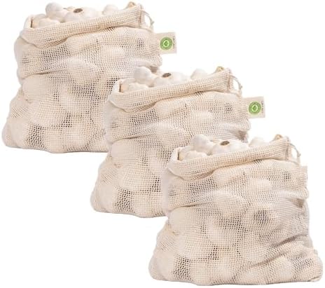 Reusable Garlic Storage Bags - Organic Cotton Garlic Mesh Bags with Drawstring - Washable Garlic Holder Storage - Net Garlic Keeper Sacks - Onion Potato Storage Bags - Root Vegetable Sacks (3 Large) by OrganicCottonMart