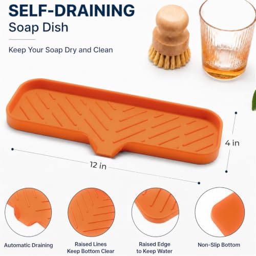 MicoYang Silicone Soap Dish with Drain Spout — Self-Draining Double Sink Organizer Tray for Kitchen & Bathroom, Dispensers, Sponges & Soap Holder, Non-Slip & Dishwasher Safe, Orange (Large, 12"×4") - Image 2