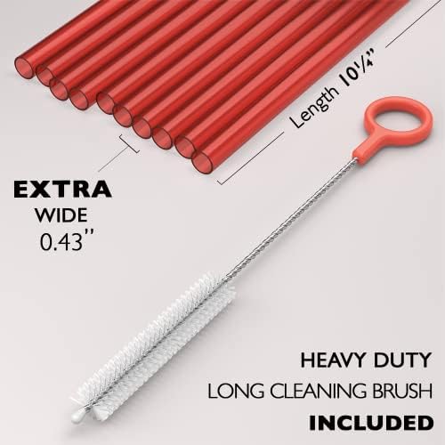 Fiesta First 10 EXTRA WIDE Long Reusable Hard Plastic Drinking Straws + Cleaning Brush - Fat Thick Large Jumbo Straws for Smoothies and Milkshakes - Red - Dishwasher Safe BPA Free - Image 2