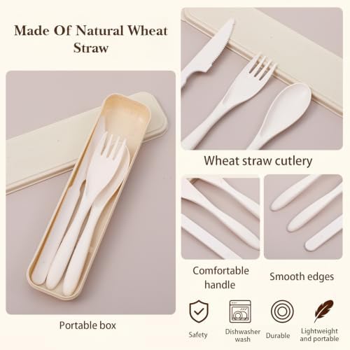 32 Sets Reusable Travel Utensils Set with Case, Wheat Straw Cutlery Portable Spoon Knife Fork Lunch Box Accessories Eco-Friendly Tableware for Adult Camping Picnic Utensils (4 Colors) - Image 3