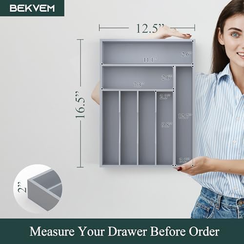 Bamboo Silverware Organizer, Kitchen Drawer Organizer, Utensil Holder, Cutlery Tray & Spoon Flatware Storage with Grooved Drawer Dividers (Grey, 12.5''W x 16.5''D) - Image 2