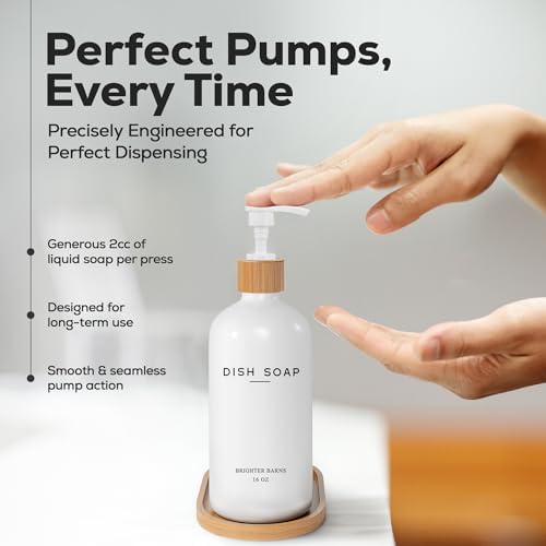 White Glass Dish Soap Dispenser for Kitchen Sink by Brighter Barns - Kitchen Soap Dispenser Set with Tray - Bamboo Pump Bottle - Neutral Minimalist Home Decor in RV, Office, Home, Airbnb, Gift (White) - Image 4