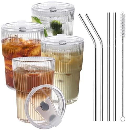 HIGIINC Iced Coffee Cups With Lids and Straws 4 Pcs, 16 OZ Unbreakable Glasses Drinking Set,Clear Plastic Cups Reusable Iced Coffee Tumbler with Lid and Straw, To Go Coffee Cups Dishwasher Safe by HIGIINC
