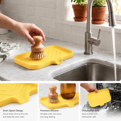 MicoYang Silicone Soap Dish with Drain Spout — Self-Draining Sink Organizer Tray for Bathroom & Kitchen, Sponges, Dispensers & Soap Holder, Non-Slip & Dishwasher Safe, Yellow (Medium, 9.6"×5.3") - Image 4