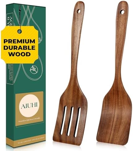 AIUHI Teak Wood Spatula for Cooking, Durable Flat Turner and Slotted Spatula for Nonstick Cookware, Long Handle Natural Wooden Cooking Utensils 2 Pieces by AIUHI