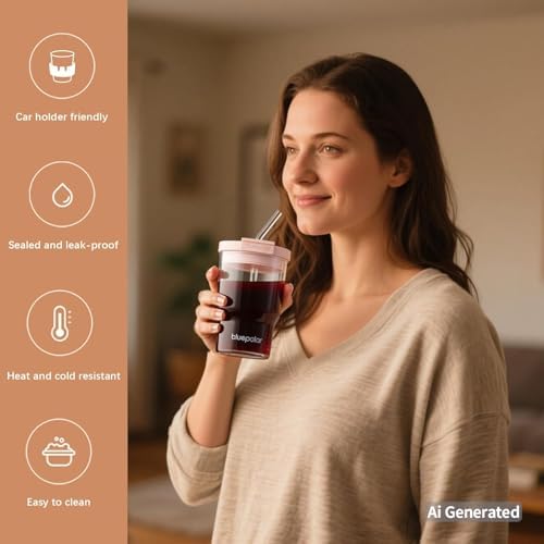 Glass Cups with Lids and Straws,16oz/480mll Reusable Iced Coffee Glasses & Juice Bottles,Cold Brew Tumblers with Leakproof Lids,BPA-Free Glass Jars for Juicing,Matcha,Flower Tea,Smoothie (Pink) - Image 3