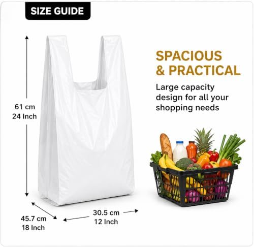 Reusable Heavy Duty White Plastic Shopping Bags with Handles, T-Shirt Grocery Carrier Bags, 12 x 18 x 24 Inch, HDPE Retail, Convenience Store & Takeout Bags, 1000 Pack - Image 3