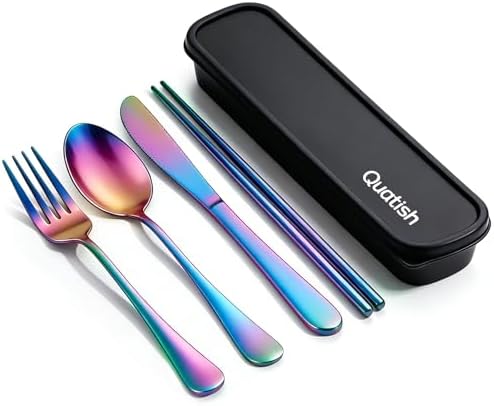 Quatish 5 Piece Travel Utensils with Case, Portable Cutlery Set, Rainbow by Quatish