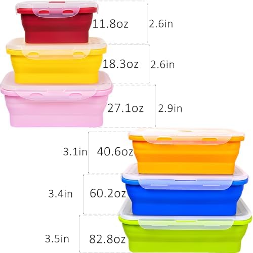 Set of 6 Collapsible Silicone Food Storage Containers With Lids, Durable, Meal Prep Foldable Bento Lunch Boxes for Kitchen, Camping, Microwave,Dishwasher and Freezer Safe, BPA Free - Image 2