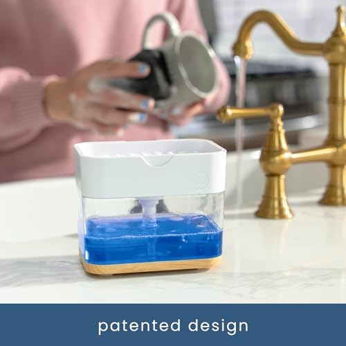 S&T INC. Dish Soap Dispenser and Sponge Holder, Plastic Bamboo and White - Image 4