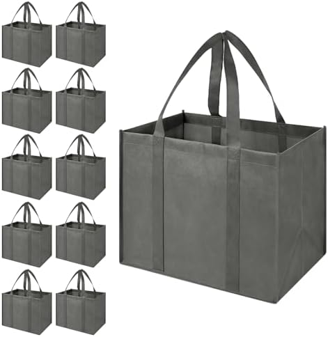 LadyRosian Reusable Grocery Bags Extra Large Foldable Shopping Bags 10 Pack Heavy Duty Kitchen Tote Bags with Handle Can Hold 45+lbs, Stands Upright, Foldable & Washable (Grey) by LadyRosian