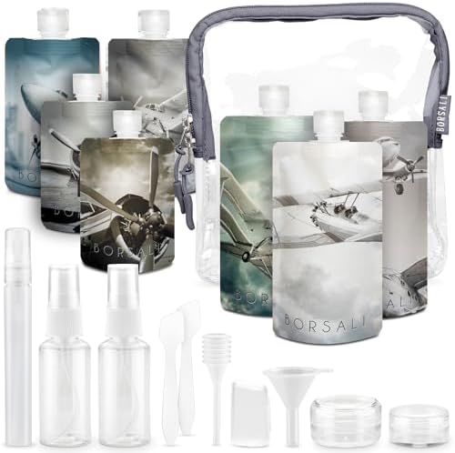 BORSALI Travel Pouches for Toiletries, Portable Flat Pack Squeeze Containers for Shampoo & 3-1-1 Liquids, Empty Travel Size Essentials for Women - 18 Piece Set with TSA Approved Bag by Borsali